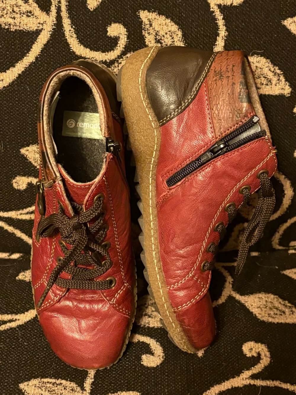 Remonte Red Leather Lace-Up Ankle Boots with Side Zipper